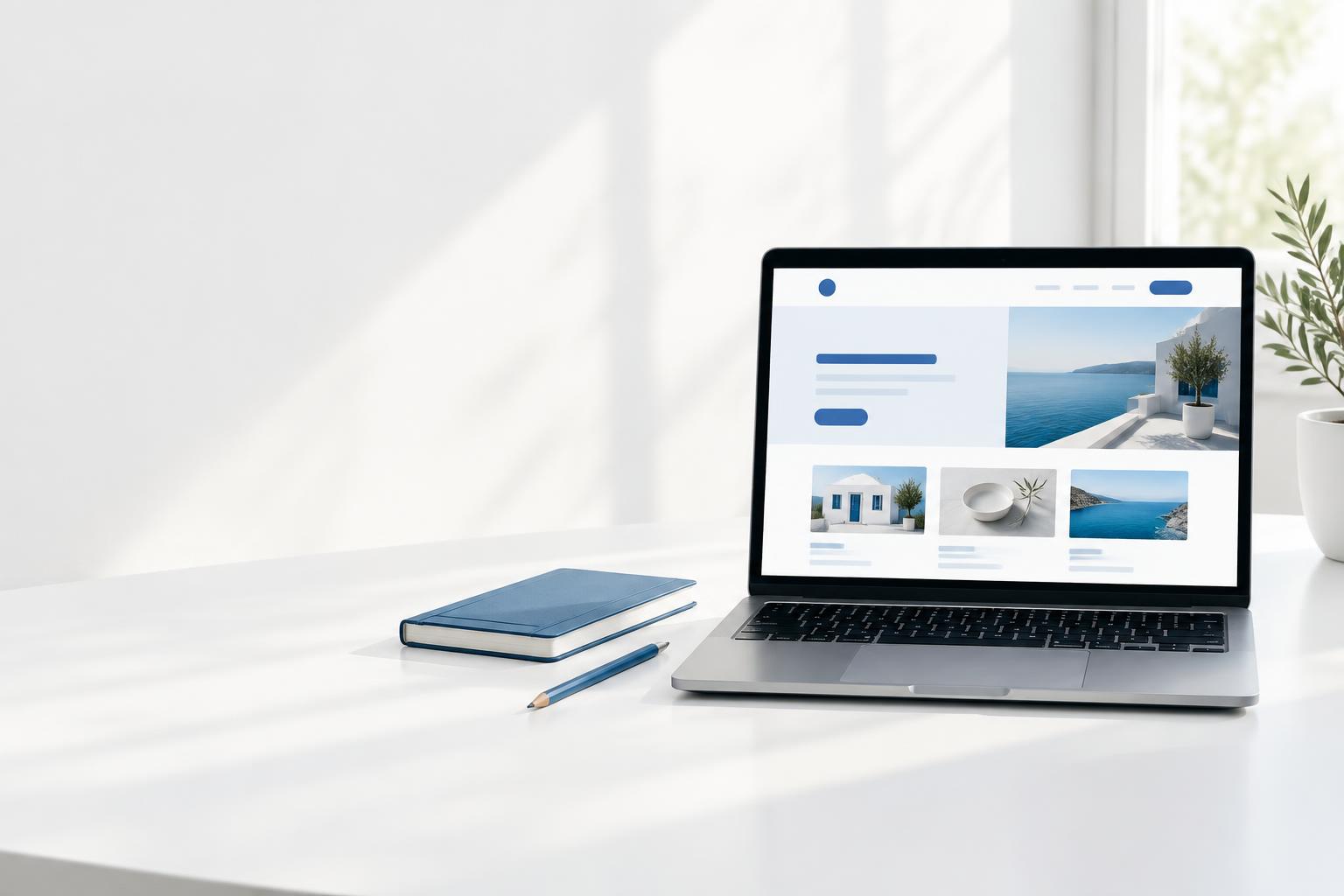 Laptop displaying a modern website in a bright design studio